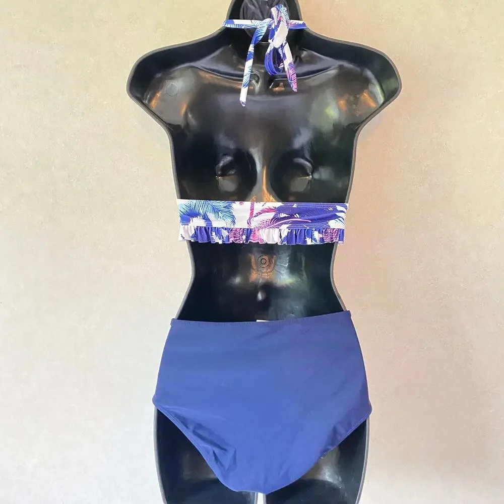 Palm‎ Tree Print Bralette Swim Top High Waisted Swimsuit, White Blue, Small